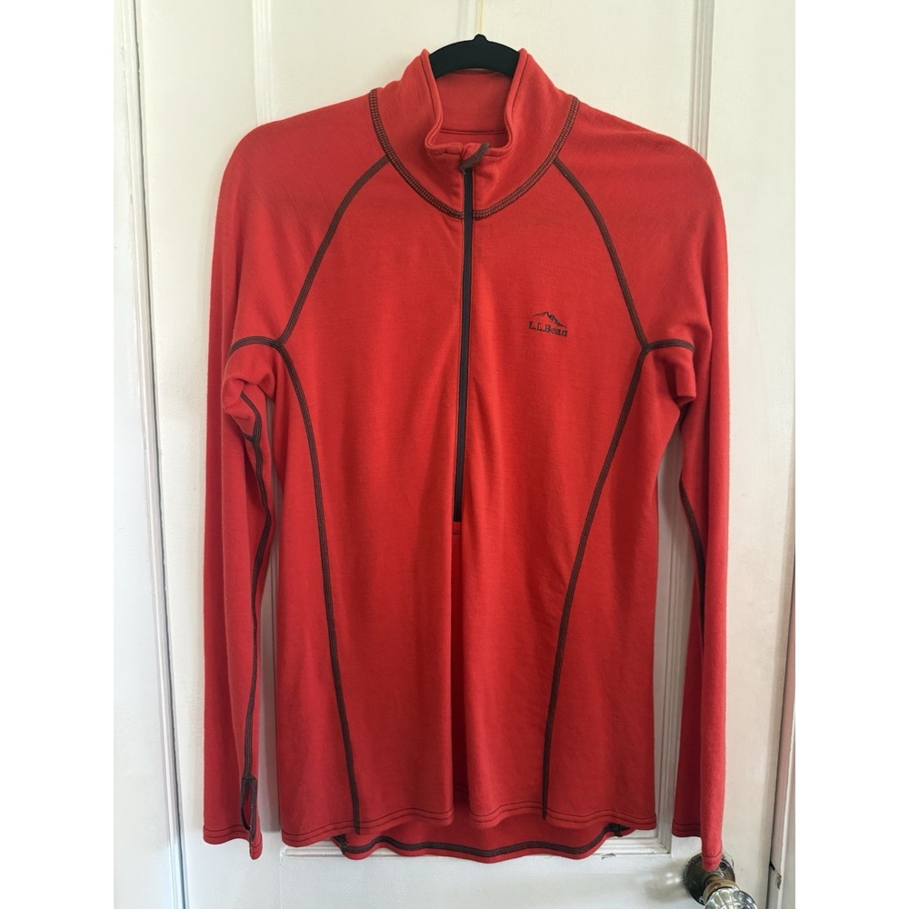 L.L. Bean Women's Sz M 100% Merino Wool Midweight Base Layer 1/4 Zip Red
